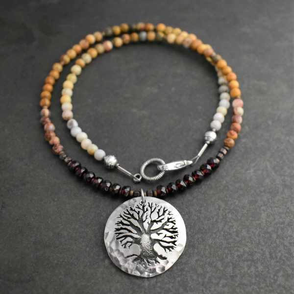 Beaded Yellow picture jasper oak tree necklace (2