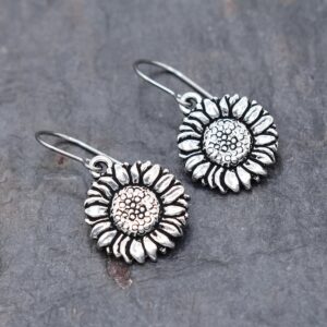 silver flat 3d sunflower on a simple earring wire