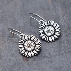 silver flat 3d sunflower on a simple earring wire