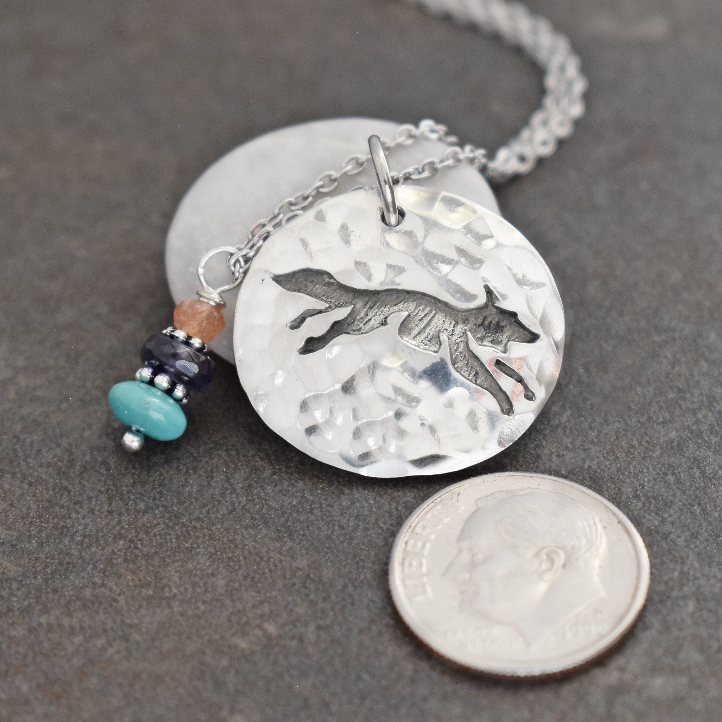 Sunstone, iolite, Turquoise Fox necklace