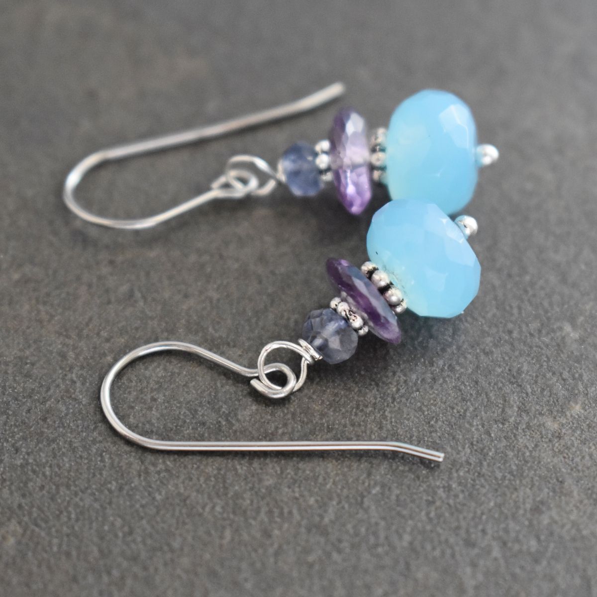 Iolite, Amethyst and blue Chalcedony earrings