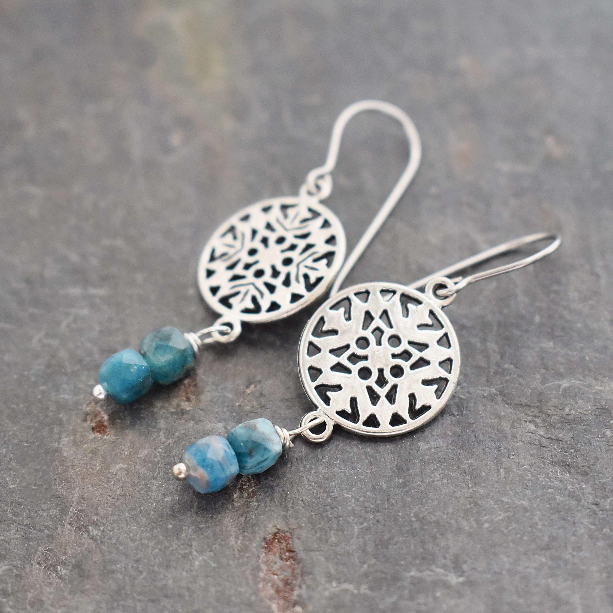 Scandinavian snowflake and blue apatite earrings