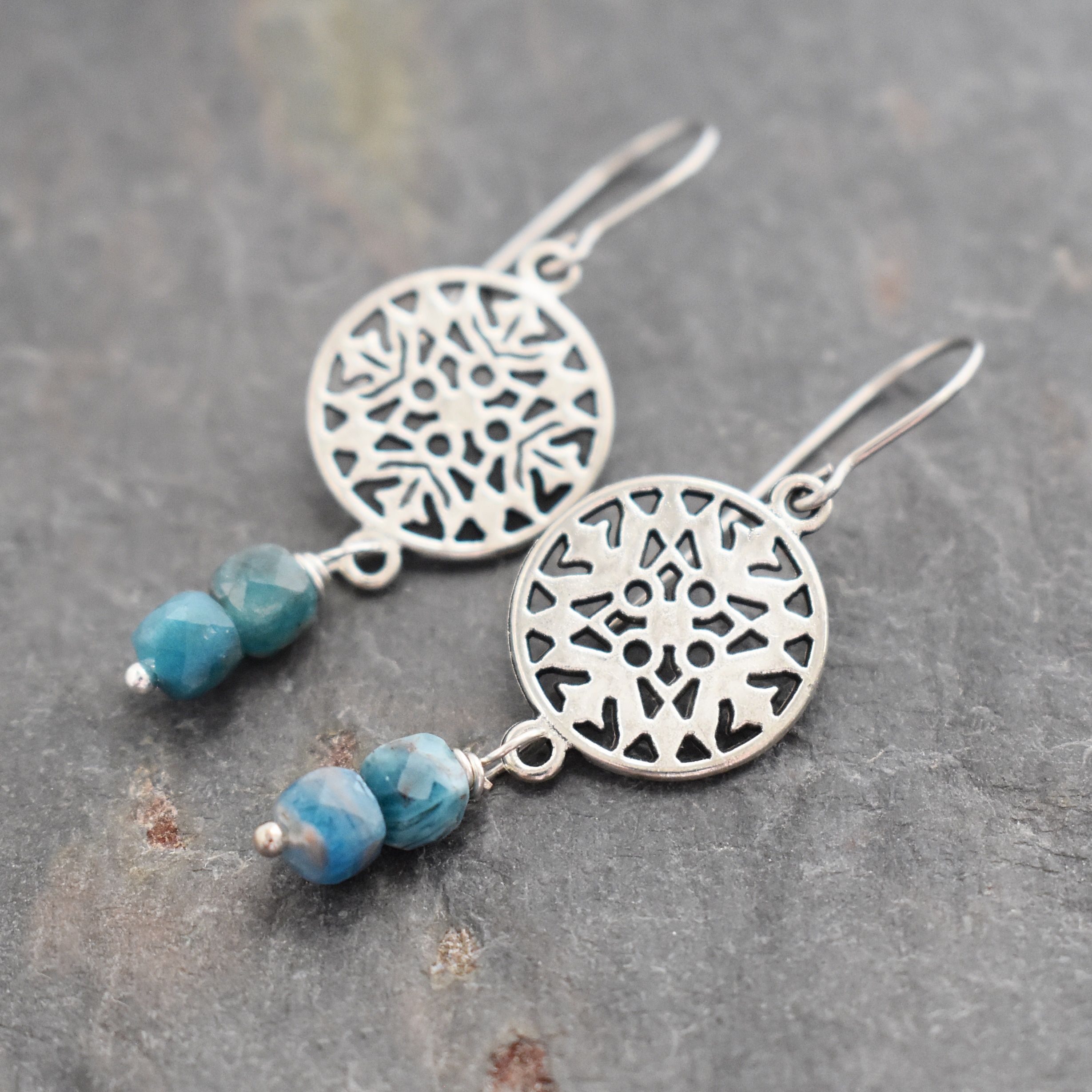 Scandinavian snowflake and blue apatite earrings