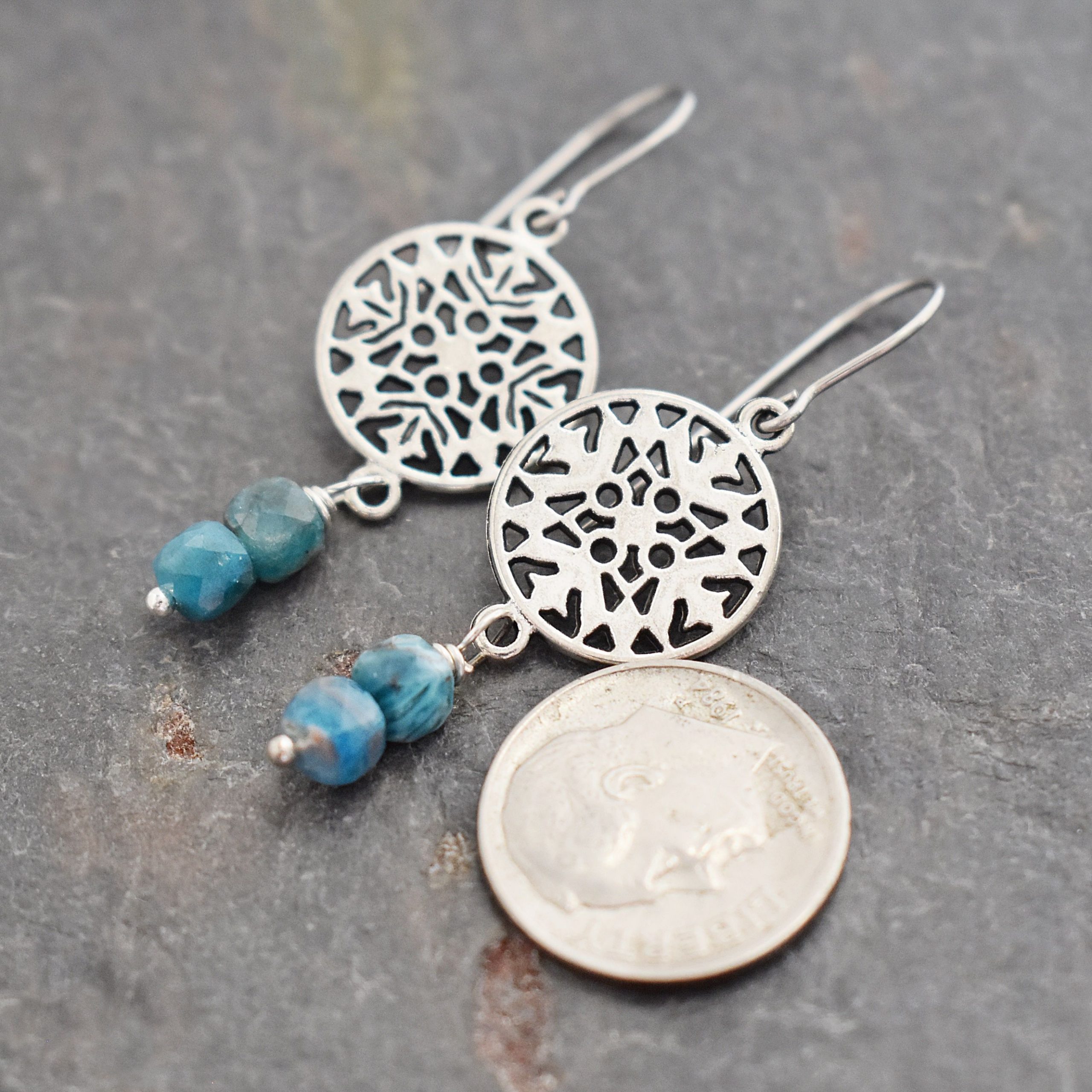 Scandinavian snowflake and blue apatite earrings