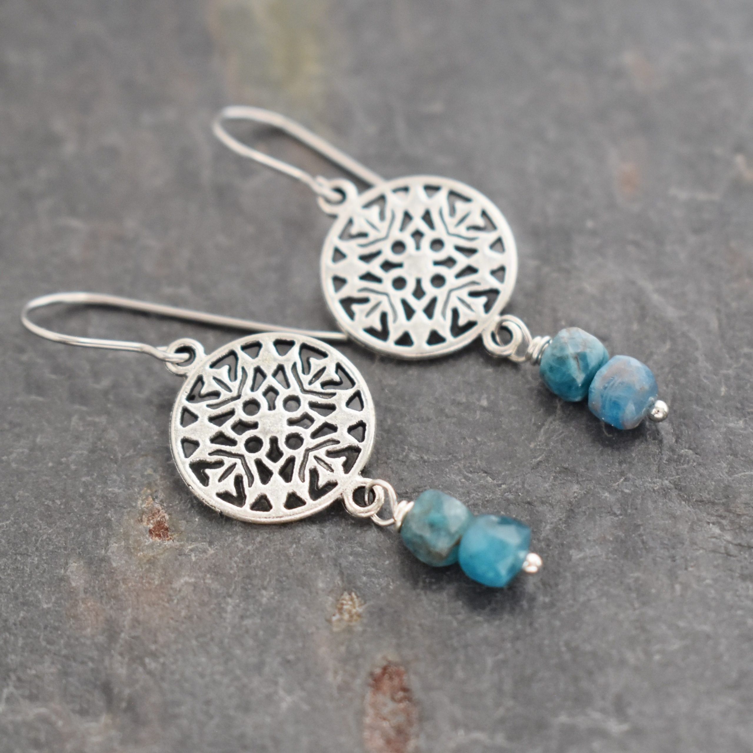 Scandinavian snowflake and blue apatite gemstone earrings