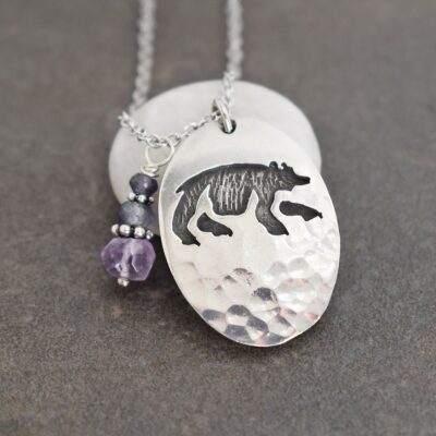 Black Bear Necklace silver bear pendant with lavender gemstone charm