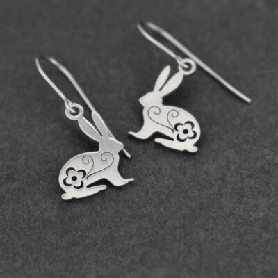 Silver stainless steel Rabbits with cut out spring flowers. Small silver rabbit earrings