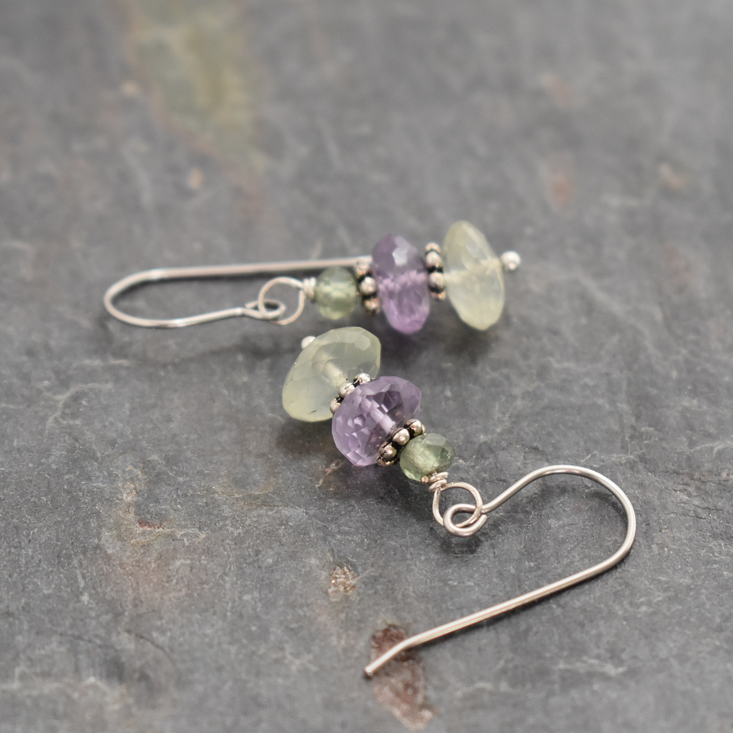 Green Apatite, Amethyst, Prehnite Earrings
