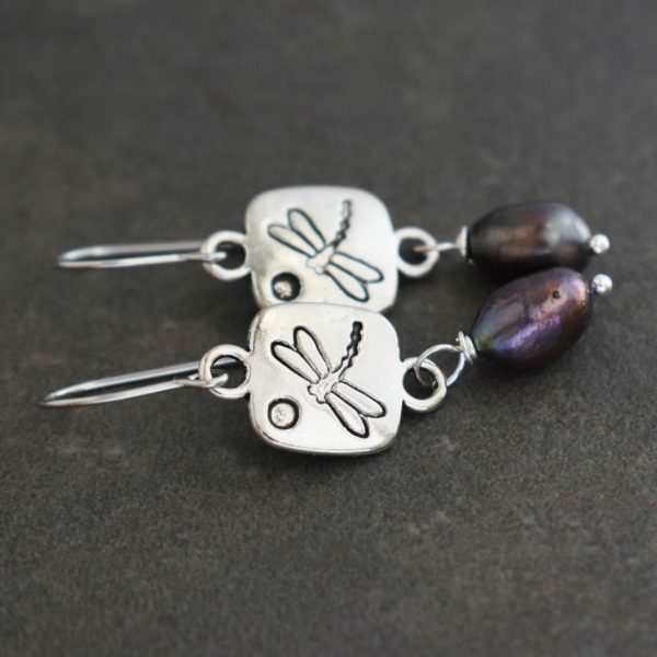 silver squares with dragonfly on them an purple pearls earrings