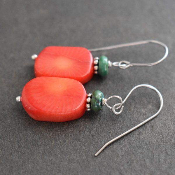 Turquoise and  Bamboo coral rectangle earrings
