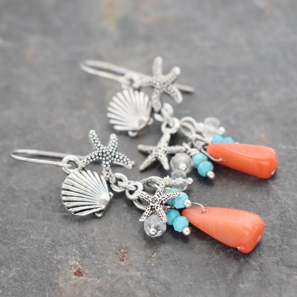 silver Starfish & seashell earrings with blue gemstones and coral drop