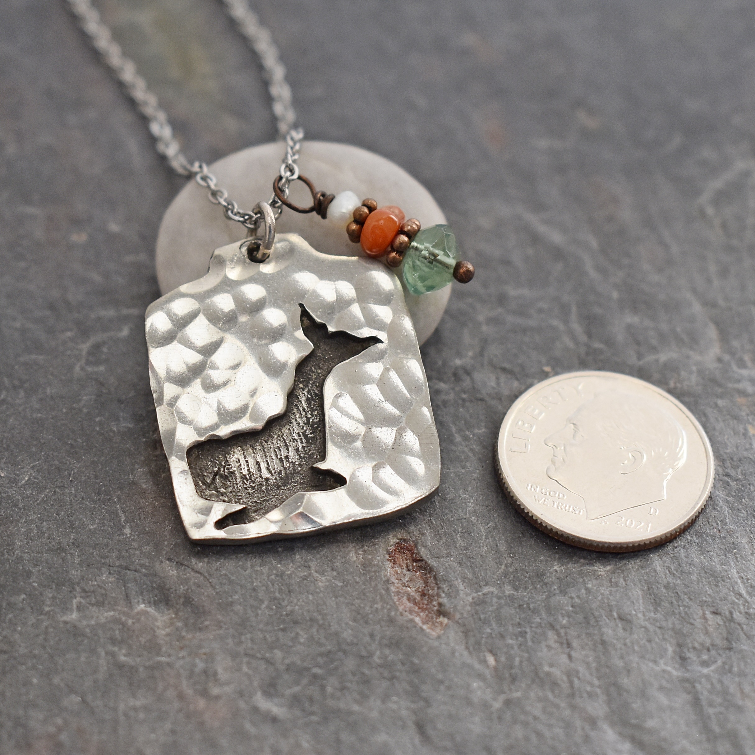 Whale Necklace with coral, green fluorite