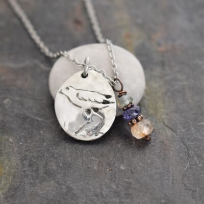silver Sandpiper bird pendant with aquamarine, iolite, sunstone gemstone charm