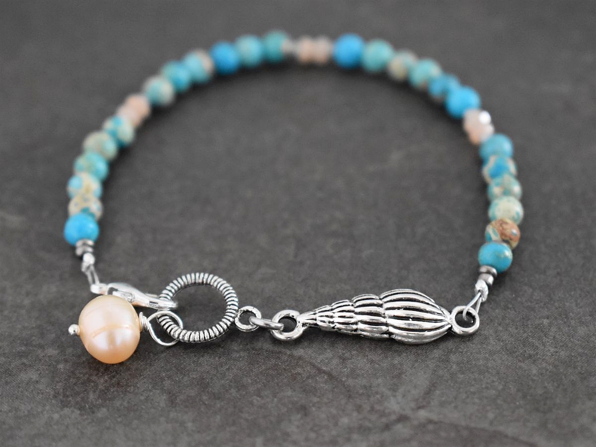 Seashell bracelet Seashell bracelet with turquoise and peach gemstones