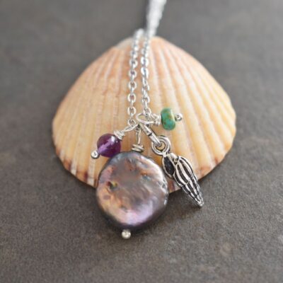 Handmade nautical jewelry - silver pewter wentletrap shell pendant with natural lavender freshwater coin pearl and amethyst, turquoise gemstone.