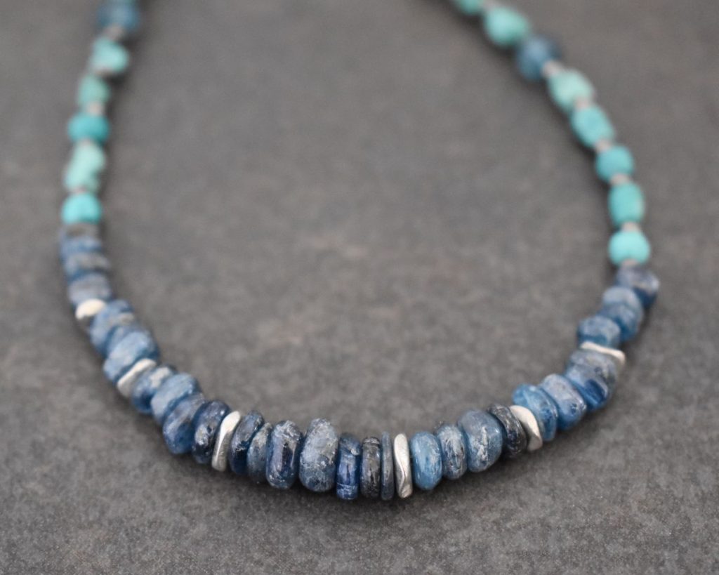 beaded necklace with chunky turquoise and blue gemstones