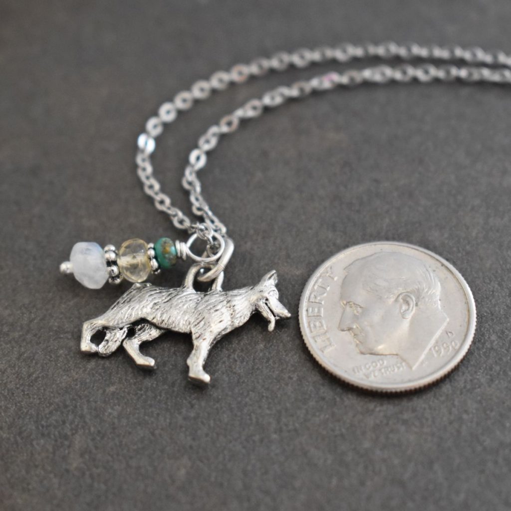 Silver German Shepherd pendant with withe gemstone
