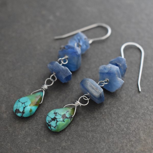 Long Blue kyanite and turquoise drop earrings