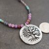 Thin Beaded pink and lavender gemstone necklace with silver tree pendant
