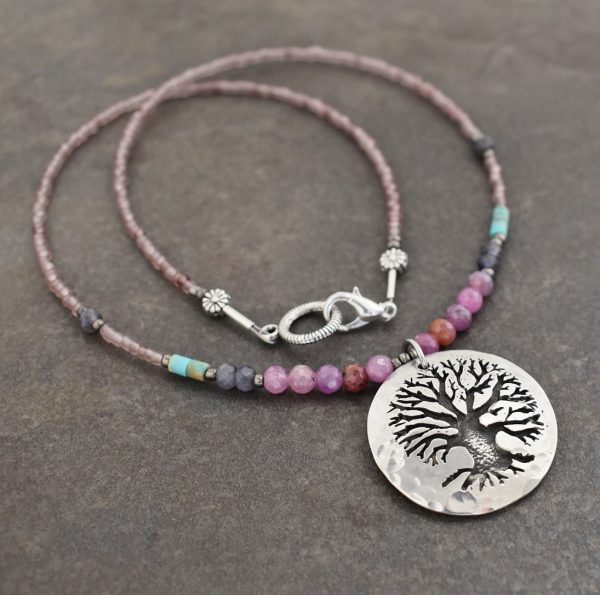 Beaded Oak Tree ruby, iolite necklace