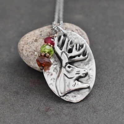 Whitetail Deer Head Necklace with gemstones. Silver oval pendant with whitetail deer head and gemstone charm