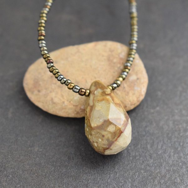 beaded brown and olive green tiny beads with a brown jasper drop pendant