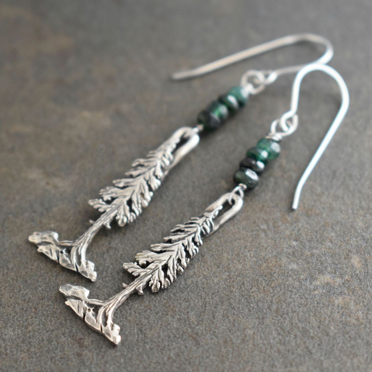 Pine Tree Earrings Silver Pine Tree Earrings with Emeralds
