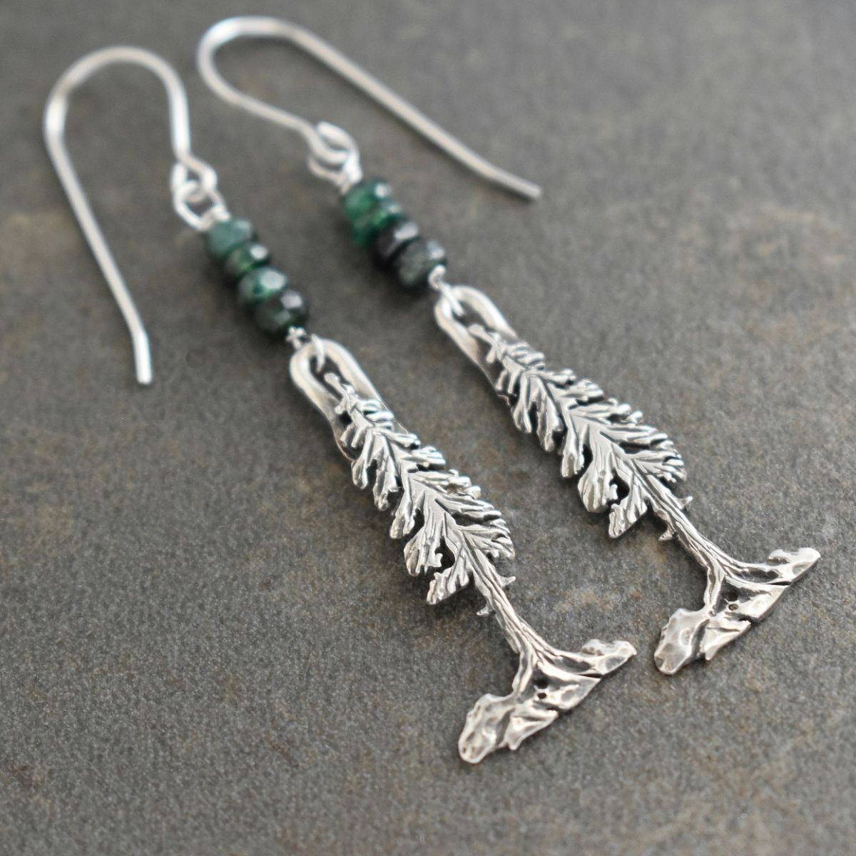 Pine Tree Earrings with Emeralds Silver Pine Tree Earrings with Emeralds