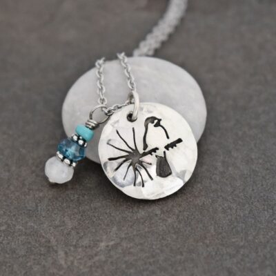 Chickadee necklace with turquoise, topaz, moonstone