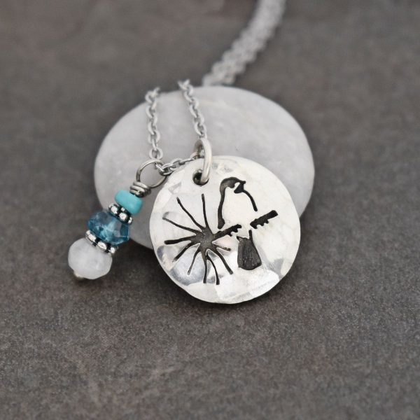 Chickadee necklace with turquoise, topaz, moonstone