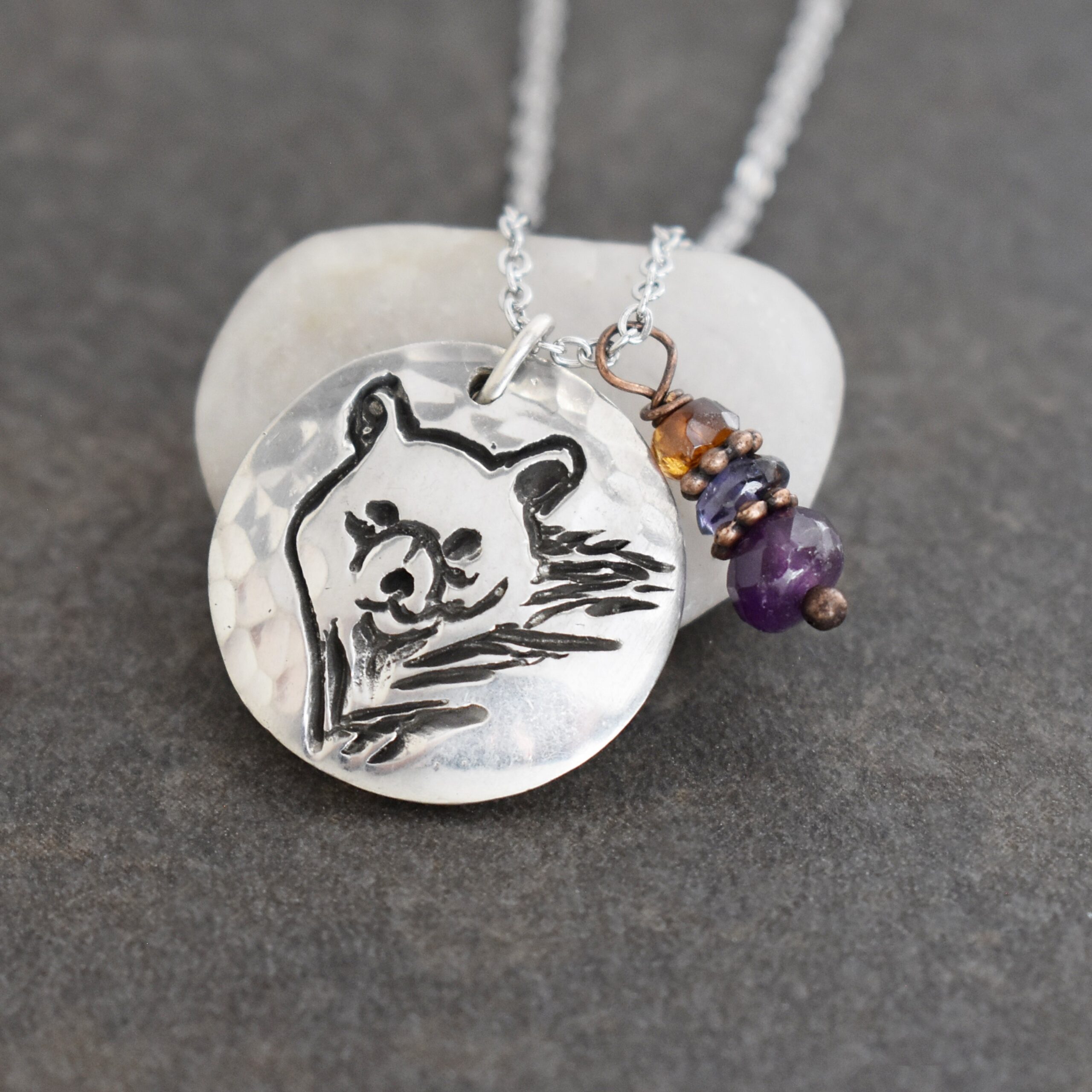 Black bear head necklace with amethyst