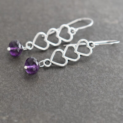 Handmade long dangle silver pewter triple heart with natural purple amethyst earrings Handmade long dangle silver pewter triple heart with natural purple amethyst earrings