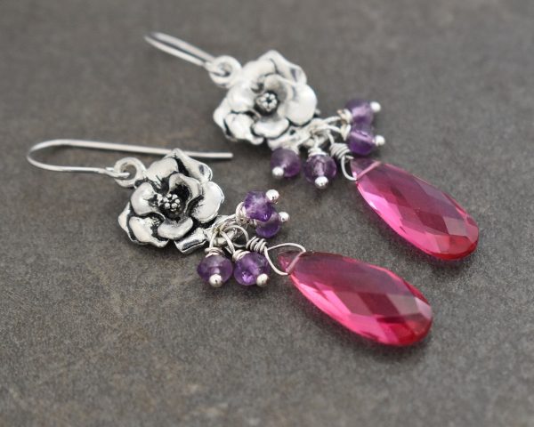 silver 3d rose with purple and pink gemstones