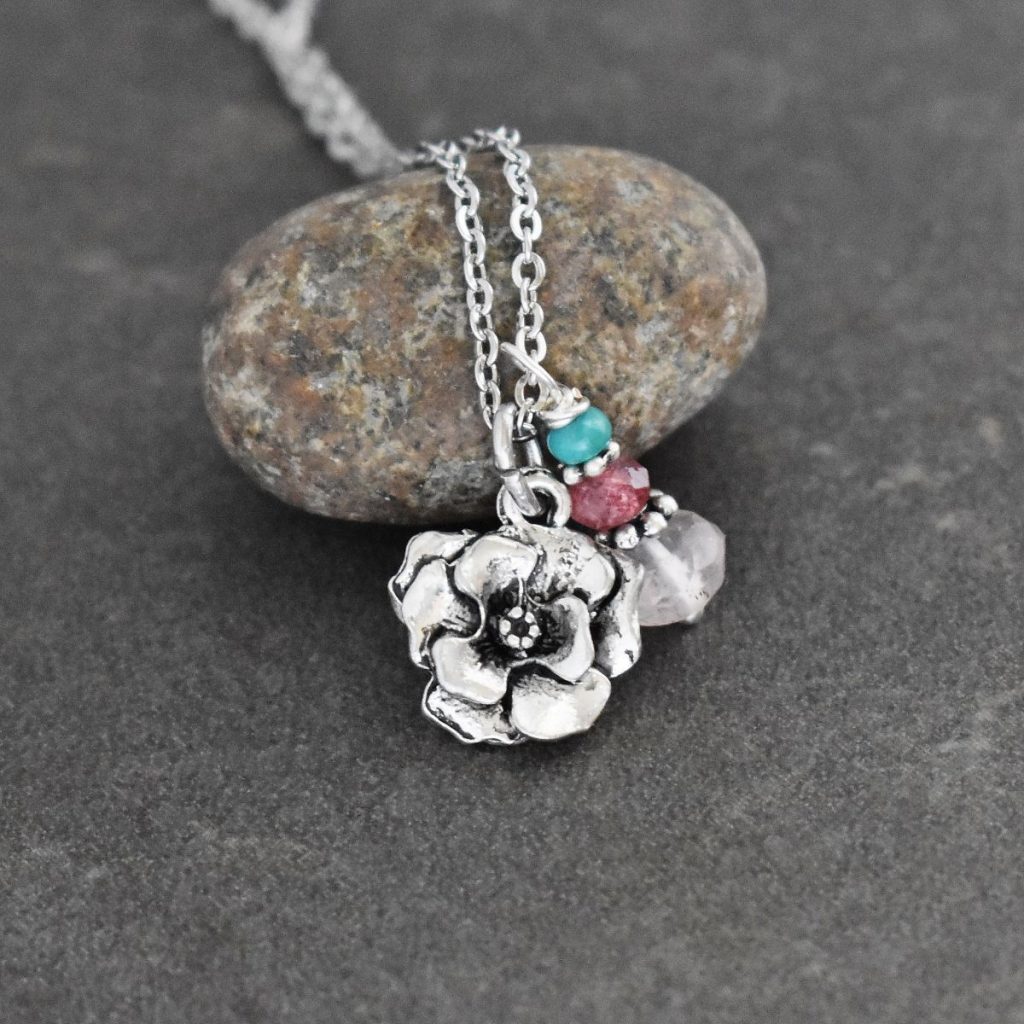 silver 3d rose pendant and turquoise and pink gemstone charm