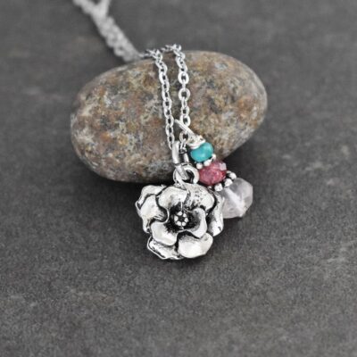 Wild Rose Necklace with Rose Quartz silver 3d rose pendant and turquoise and pink gemstone charm