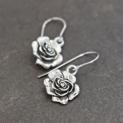 silver pewter 3d rose earrings