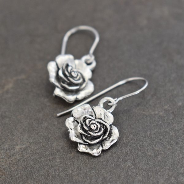 silver pewter 3d rose earrings