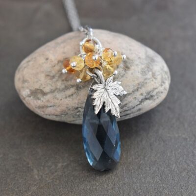 Sugar Maple leaf necklace with cirtine & Teal quartz drop (1) Sugar Maple leaf necklace with cirtine & Teal quartz drop (1)