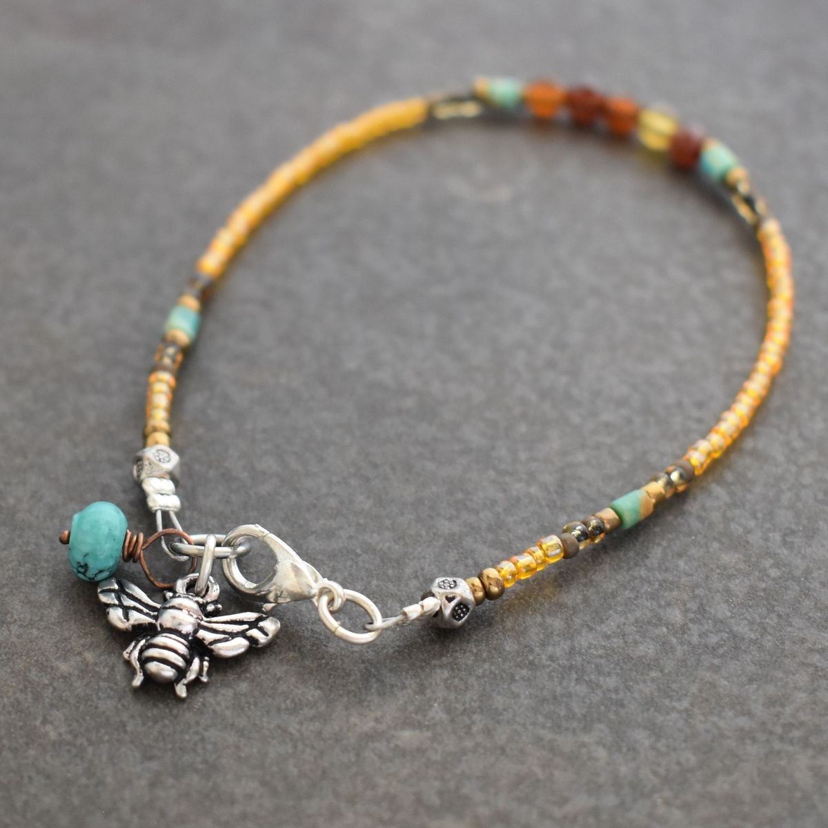 Cognac Amber Sterling Silver Bee Link Bracelet - Amberman