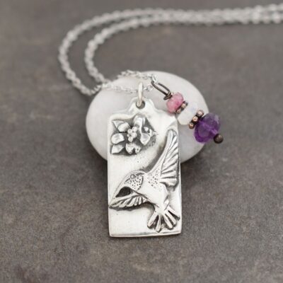 Silver 3d Hummingbird and flower on a rectangle pendant with gemstones charm on chain
