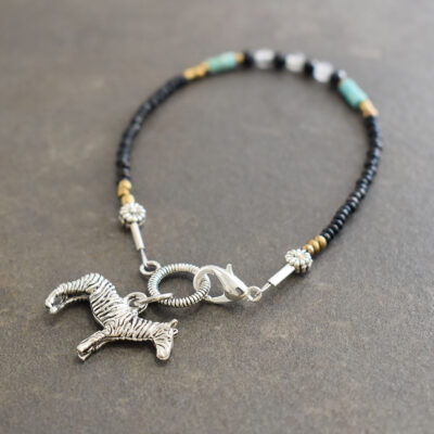 Zebra Bracelet small black and white beads bracelet with zebra charm