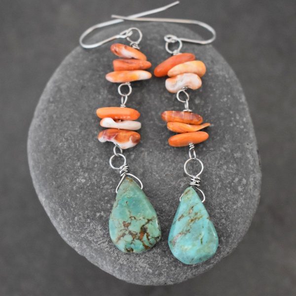 Orange spiny oyster, turquoise drop earrings
