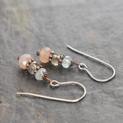 Peach Moonstone Earrings blue, brown and peach gemstone earrings with copper spacers