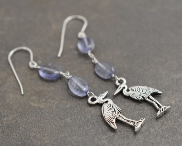 blue gray gemstones with silver 3d heron bird charms