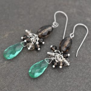 Mint green & gray brown smoky quartz gemstone Earrings