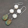 white pearls with turquoise drop gemstone earrings