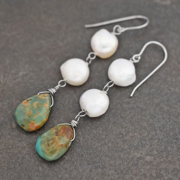 white pearls with turquoise drop gemstone earrings