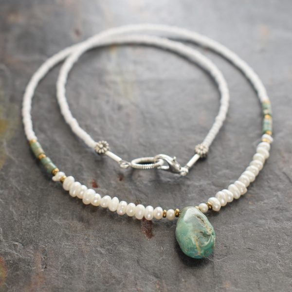 White pearl and turquoise drop Necklace (5)