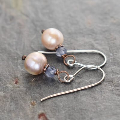 lavender blue gemstone with pink beige pearl earrings