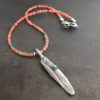 pink peach beaded long silver feather with turquoise stone necklace